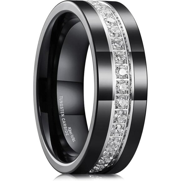 Tungsten Wedding Band with Cubic Zircon Inlay 7mm/8mm Flat Cut Engagement Ring